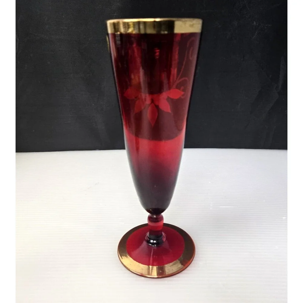 Venetian Ruby Red Wine Glass Vase Gold Gilt Enamel Floral Design Pedestal 7.25" - Picture 3 of 12